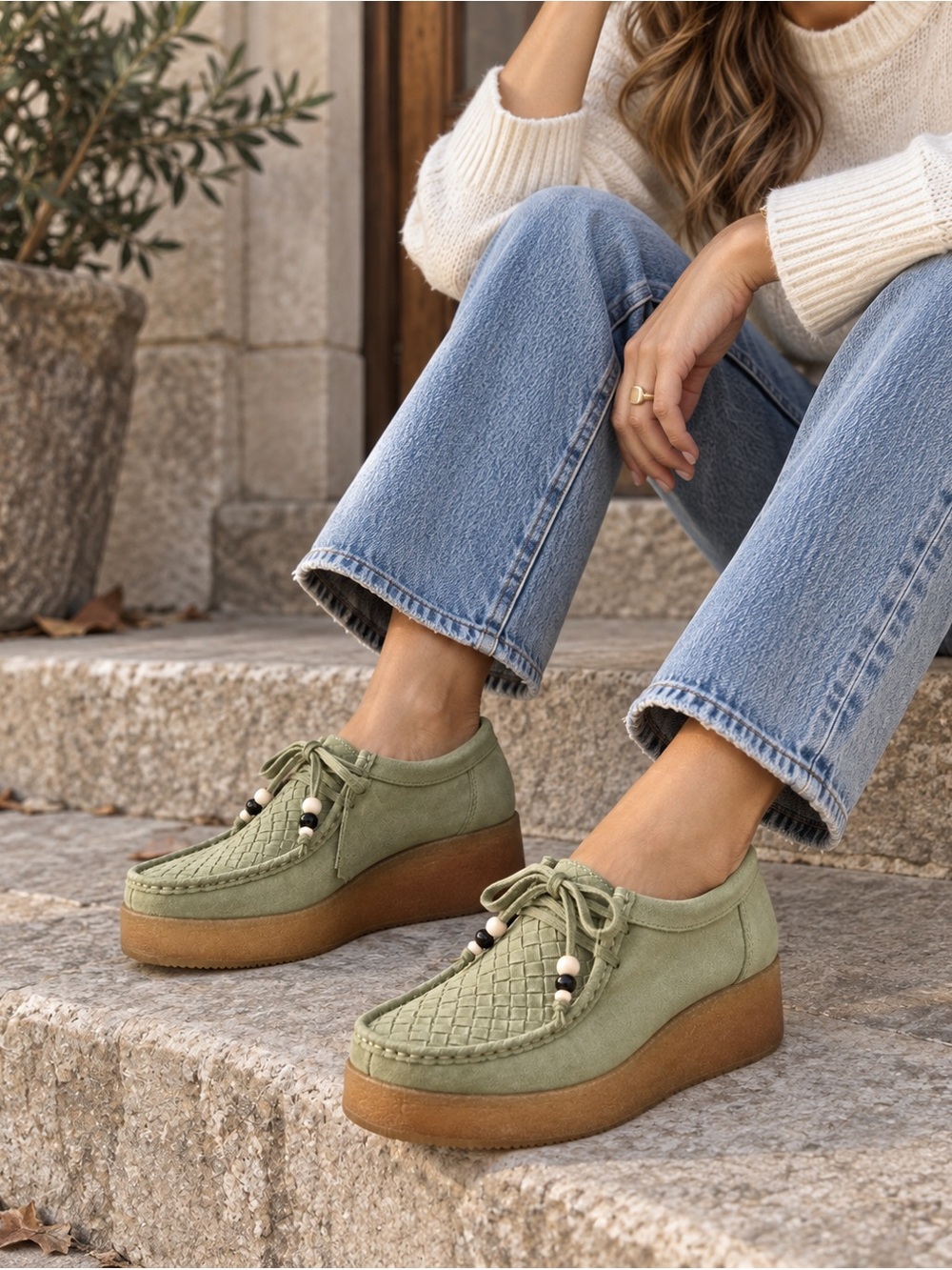 Clarks Originals Wallacraft Lo Pale Green Suede Beaded Platform US 6